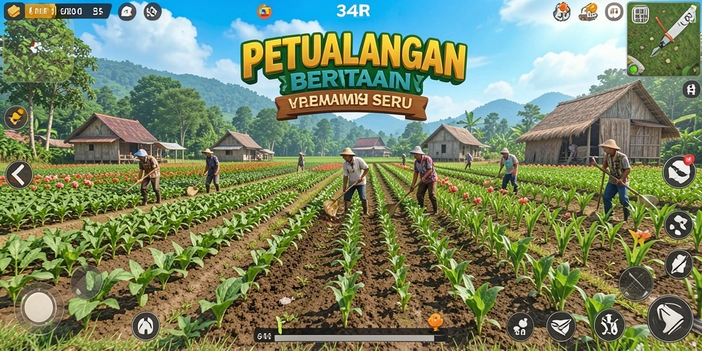 Tangkapan layar gameplay <strong>34R</strong> menampilkan aktivitas bertani yang menarik.