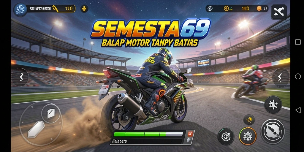 Screenshot menunjukkan aksi balap motor yang mendebarkan di SEMESTA69.